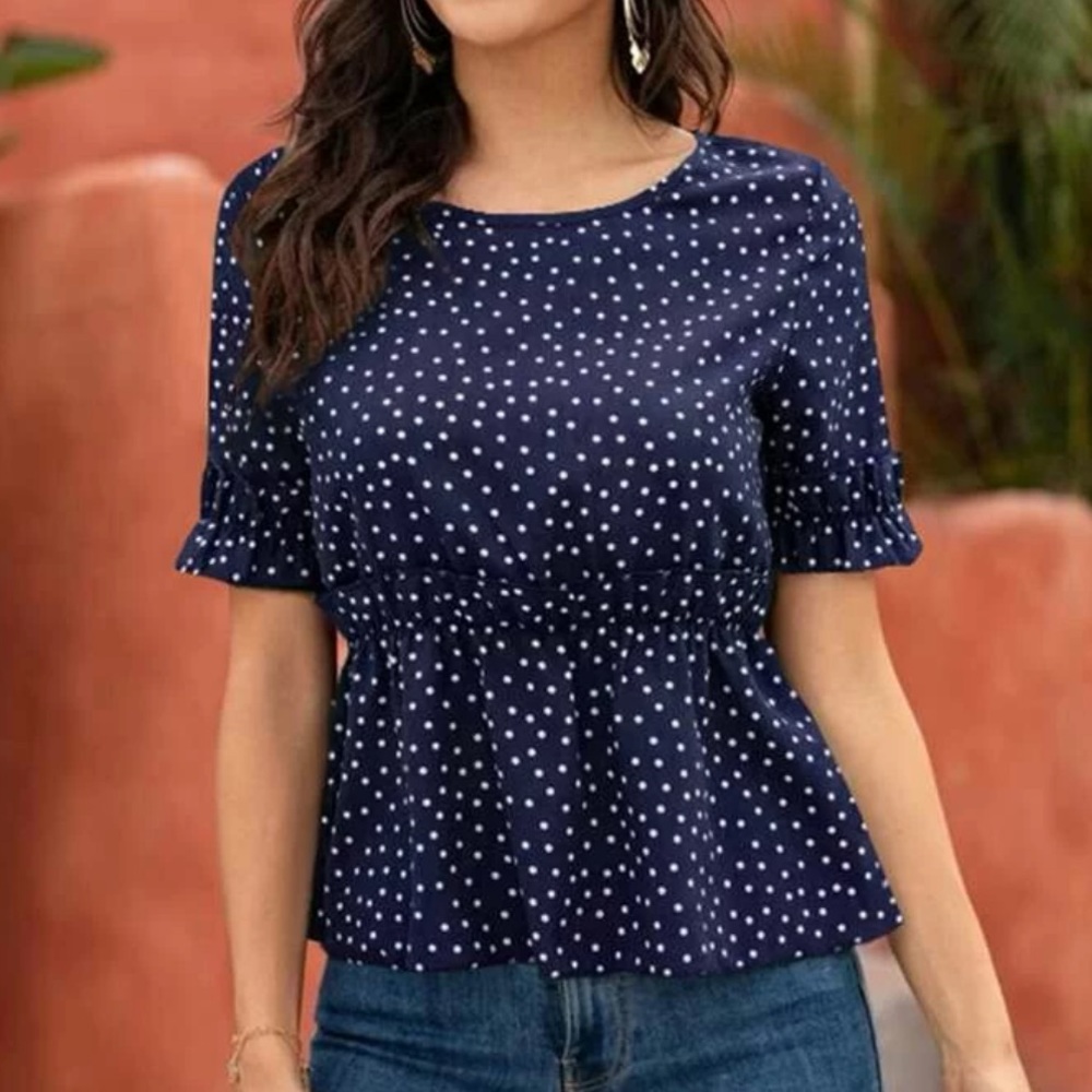 SHEIN Navy Polka Dot Ruffle Hem Blouse